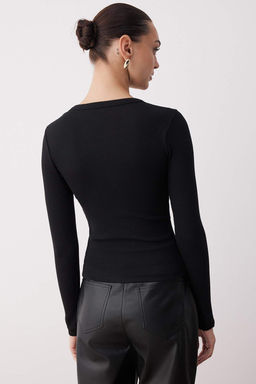 Siyah Bisiklet Yaka Dugmeli Fitted/Vucuda Oturan Esnek Fittilli Orme Bluz TWOAW26BZ00063