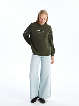 Bisiklet Yaka Bask?l? Oversize Kad?n Kal?n Sweatshirt