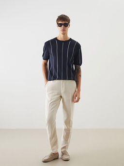 Bisiklet Yaka K?sa Kollu ?izgili Erkek Triko Kazak