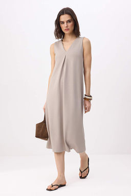 Tas Duz Shift V Yaka Kolsuz Midi Soft Touch Orme Elbise TWOSS26EL00457 - Trendyolmilla фото 2