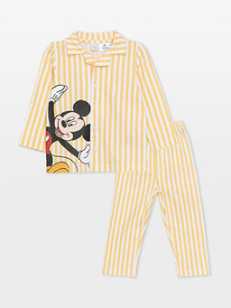 Polo Yaka Uzun Kollu Mickey Mouse Bask?l? Erkek Bebek Pijama Tak?m?