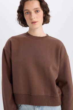 Boxy Fit Bisiklet Yaka Basic Duz Kal?n Sweatshirt - Defacto фото 3