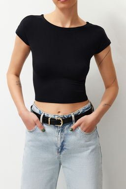 Siyah Crop Fitted Orme T-Shirt TEDSS24TS00017