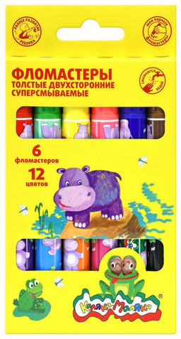 Фломастеры двусторонние Каляка-Маляка толстые, 6 штук и 12 цветов, круглый корпус, картонн...