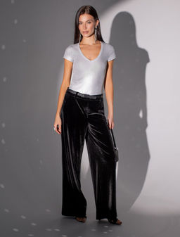 Брюки Vilatte палаццо из бархата черные  фото 5