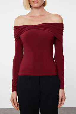 Bordo Buzgu/Drape Detayl? Fitted/Vucuda Oturan Uzun Kollu Esnek Orme Bluz TWOAW25BZ00018 - Trendyolmilla фото 2