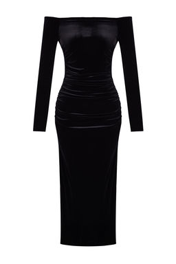 Trendyolmilla Siyah Vucuda Oturan Orme Kadife Midi Elbise TPRAW25EL00135 фото 6