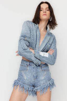 TRENDYOLMILLA X Sagaza Studio Mavi Tas Bask?l? Denim Sort TCLSS23SR00000  фото 2