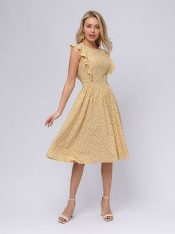 Платье желтого цвета с принтом длины миди и воланами на плечах - 1001dress фото 2