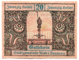 Банкнота 20 геллеров 1920 года Австрия  Рид-им-Иннкрайс (нотгельд)