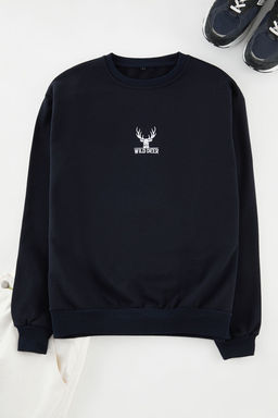 Lacivert Oversize/Genis Kesim Bisiklet Yaka Uzun Kol Hayvan Nak?sl? Sweatshirt TMNAW24SW00169
