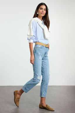 TRENDYOLMILLA Mavi Y?rt?k Detayl? Yuksek Bel Straight Jeans TWOSS22JE0431 фото 8