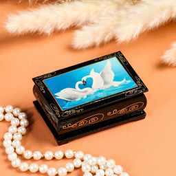 Шкатулка Два лебедя , 6х9 см , лаковая миниатюра