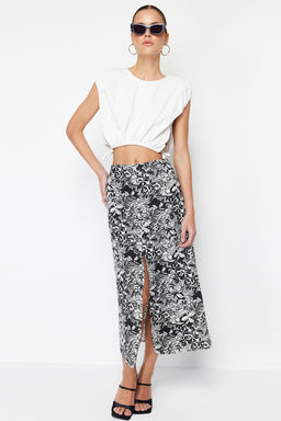 Siyah Desenli Onden Y?rtmac Detayl? Midi Boy Dokuma Keten Gorunumlu Etek TWOSS24ET00104