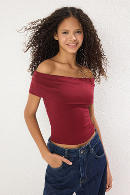 Trendyolmilla Siyah Carmen Yaka Fitted/Vucuda Oturan Orme Bluz TWOSS25BZ00126  фото 7