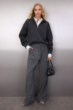 Antrasit Oversize/Genis Kal?p Fermuarl? Tas Isleme Detayl? Kal?n Orme Sweatshirt TWOAW26SW00040 - Trendyolmilla фото 2