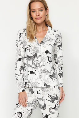 Trendyolmilla Ekru %100 Pamuklu Ay?c?kl? Gomlek-Pantolon Orme Pijama Tak?m? THMAW24PT00002  фото 26