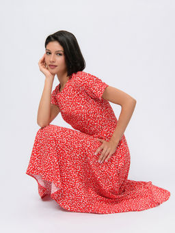 Платье красного цвета с принтом и короткими рукавами - 1001dress фото 5