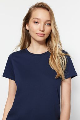 Lacivert-Bej %100 Pamuk 2li Paket Basic Bisiklet Yaka Orme T-Shirt TWOSS20TS0141