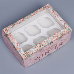 Цена за 5 шт. Коробка складная на 6 капкейков новогодняя с окном Happy winter, 25×17×10 см