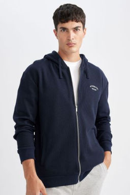 Lacivert Relax Fit Kapusonlu Waffle Bask?l? Cepli Fermuarl? Sweatshirt