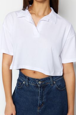 TRENDYOLMILLA Lacivert %100 Pamuk Relaxed/Rahat Kal?p Crop Polo Yaka Orme T-Shirt TWOSS22TS0241  фото 17