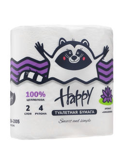 Цена за 2 шт. Туалетная бумага HAPPY со втулкой, аромат амазония, 2 слоя, 4 рулона