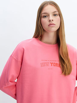 Bisiklet Yaka Bask?l? Oversize Kad?n Kal?n Sweatshirt Tunik