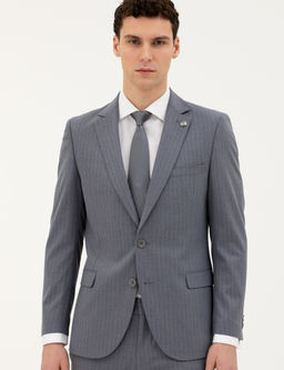 Koyu Mavi Extra Slim Fit _izgili Tak_m Elbise