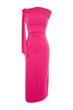 Limited Edition Fusya Bodycon Asimetrik Yaka Kolsuz Aksesuarl? Maxi Esnek Orme Elbise TWOSS26EL00258