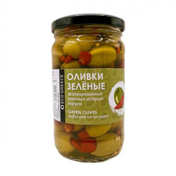 Оливки, фаршированные красным острым перцем, EcoGreece, ст.банка, 340г