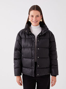 Dik Yaka D?z Uzun Kollu Kad?n Deri G?r?n?ml? Mont