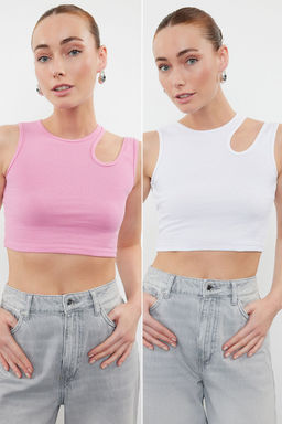 Trendyolmilla Siyah-Beyaz 2li Paket Cut Out Detayl? Fitted Crop Fitilli Esnek Orme Atlet TWOSS23AL00006  фото 11