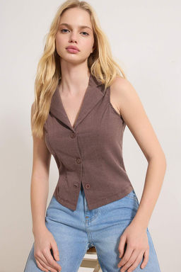 Ac?k Kahverengi Fitted/Vucuda Oturan Gomlek Yaka Dugmeli Kolsuz Jakarl? Orme Bluz TWOSS26BZ00182 - Trendyolmilla фото 2