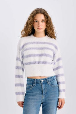 Regular Fit Cizgili Bisiklet Yaka Triko Kazak