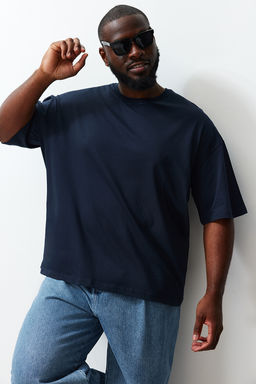 Buyuk Beden Lacivert Oversize/Genis Kesim %100 Pamuklu T-Shirt TMNSS23TS00139