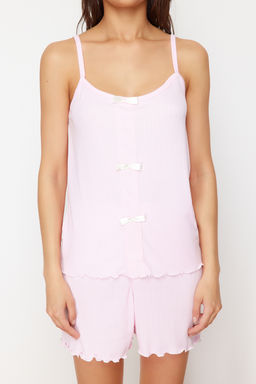 Trendyolmilla Ac?k Pembe Kurdele/Fiyonk Detayl? Ip Ask?l? Fitilli Sortlu Orme Pijama Tak?m? THMSS24PT00356  фото 20