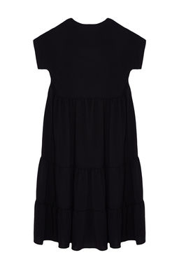 Siyah Duz Genis Kesim V Yaka Etegi Volanl? Aerobin Dokuma Elbise TWOSS24EL01031