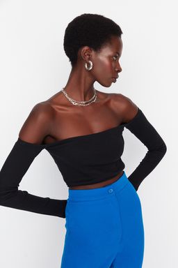 Siyah Fitted/Vucuda Oturan Super Crop Carmen Yaka Fitilli Esnek Orme Bluz TWOAW23BZ00482 - Trendyolmilla фото 3