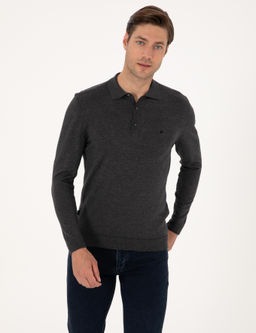 Antrasit Melanj Slim Fit Polo Yaka Basic Triko Kazak