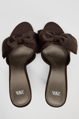 SATIN-EFFECT HIGH-HEELED MULE SANDALS WITH MAXI BOW
