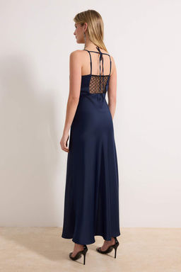 Lacivert Dantel Detayl? Dokuma Saten Midi S?k/Gece Elbise TPRSS26EL00035