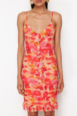 Turuncu Bask?l? F?rf?r Detayl? Ask?l? Vucuda Oturan Esnek Orme Mini Kalem Elbise TWOSS24EL00758 - Trendyolmilla фото 4