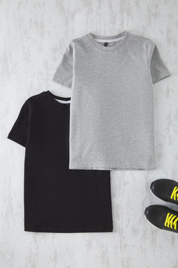 Siyah-Gri 2li Erkek Cocuk %100 Pamuk Basic K?sa Kol Orme T-Shirt TKDSS25TS00010 - Trendyolmilla фото 3