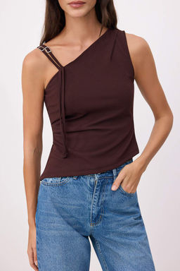 Kahverengi Fitted/Vucuda Oturan Asimetrik Yaka Tek Kol Kolsuz Krep Orme Bluz TWOSS26BZ00634 - Trendyolmilla фото 3