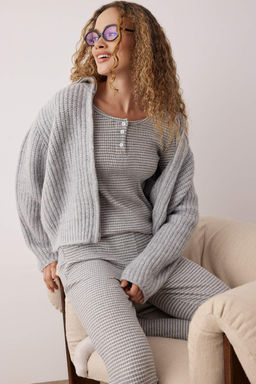 Gri Melanj Cizgili Yar?m Patl? Fitilli Orme Pijama Tak?m? THMAW26PT00041