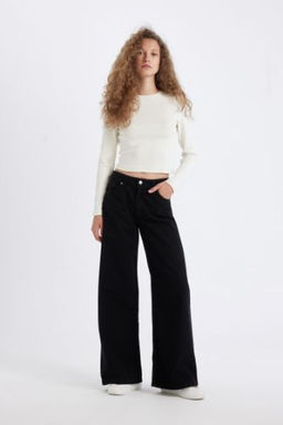 Gabardin Siyah Pantolon Wide Leg Genis Bol Paca Normal Bel Duz Basic
