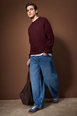 Bordo Oversize/Geni_ Kesim Bisiklet Yaka Kazak TMNAW26KZ00012