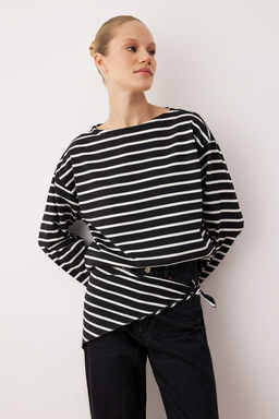 Siyah Cizgili Sal Detayl? Oversize/Genis Kal?p Ince Orme Bluz TWOAW26BZ00250 - Trendyolmilla фото 2