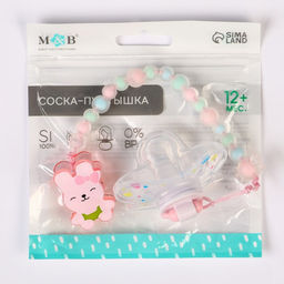 Соска - пустышка силиконовая ортодонтическая M&B «Зайка», от 12 мес., с колпачком, держатель, розовый